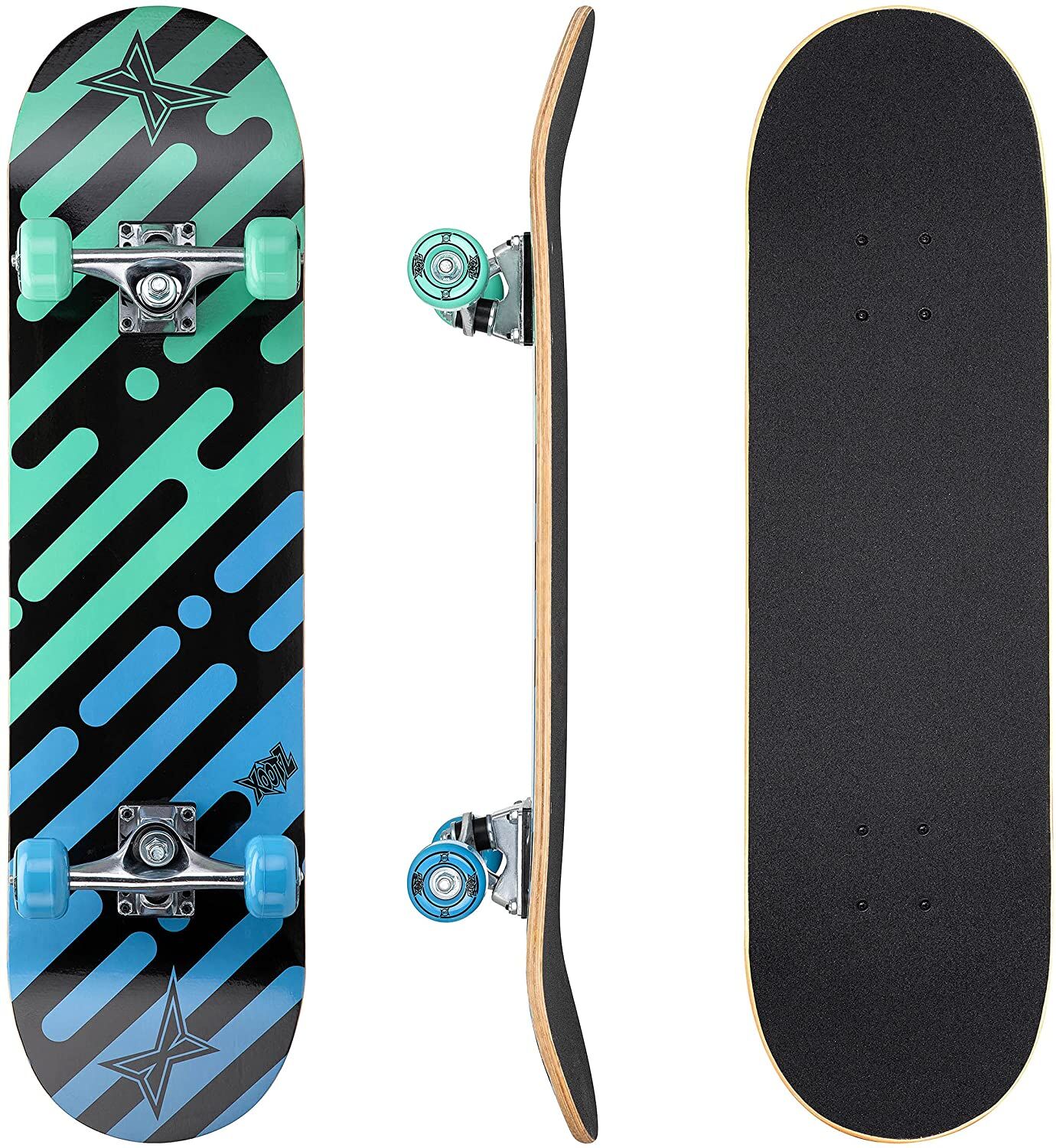 Xootz Deviate Doublekick Skateboard 31" - Black/Blue/Green
