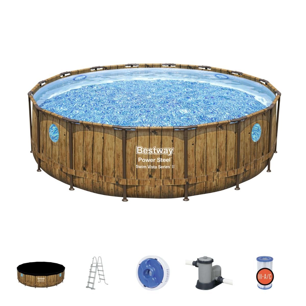 Bestway Power Steel Swim Vista Series Above Ground Swimming Pool Set, 16ft x 48" - Decked Style