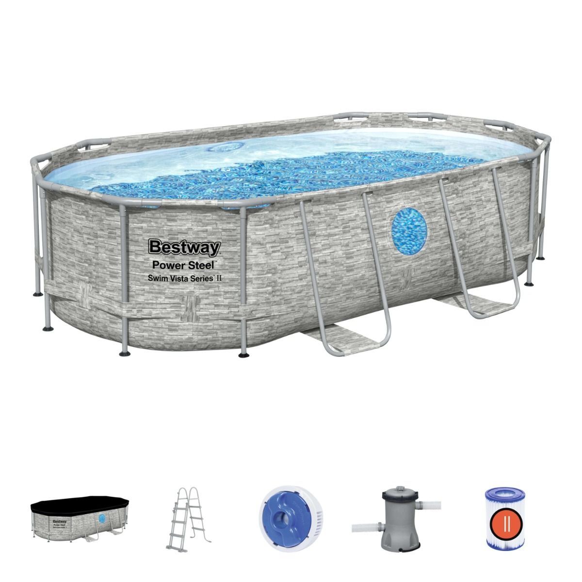 Bestway Power Steel Swim Vista Series Oval Swimming Pool Set, 14ft x 8' 2" x 39.5" - Grey Stone