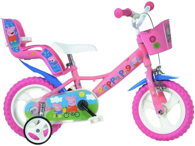 Dino Peppa Pig Pink Girls Bike with Doll Carrier - 12" Mag Wheels